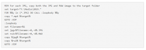 Sample Windows batch script to copy JPGs, RW2s, and MP4s from SD Card to local computer.