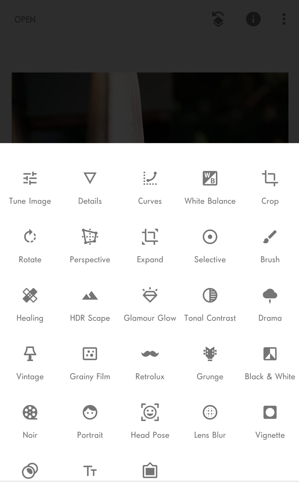 Snapseed Tools Menu